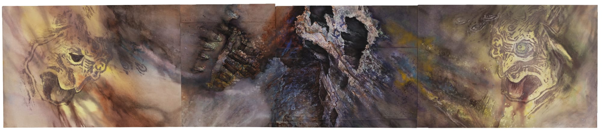 Liminatus Noh, 2001-2021 Watercolor, oil, acrylic, woodcut, and offset print on pieced paper 14&rdquo; x 67.5&rdquo; (TM 38)