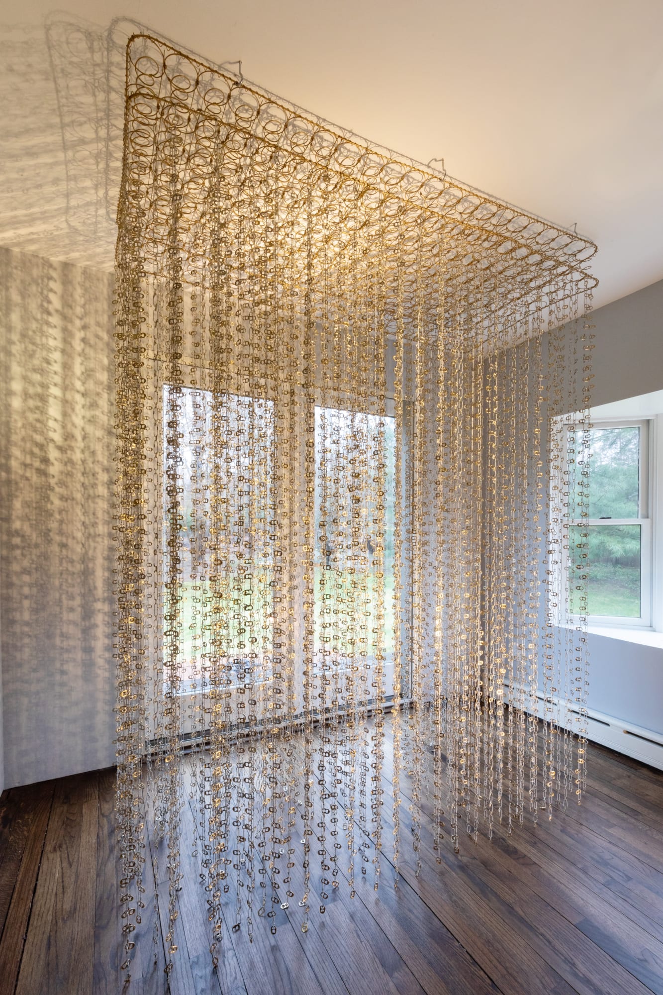 Alice Hope Proprioceptive 1, 2021 Box spring, corona tabs, ball chain, 72 x 30 x 118 in. (length variable to ceiling height) (AHo 38)