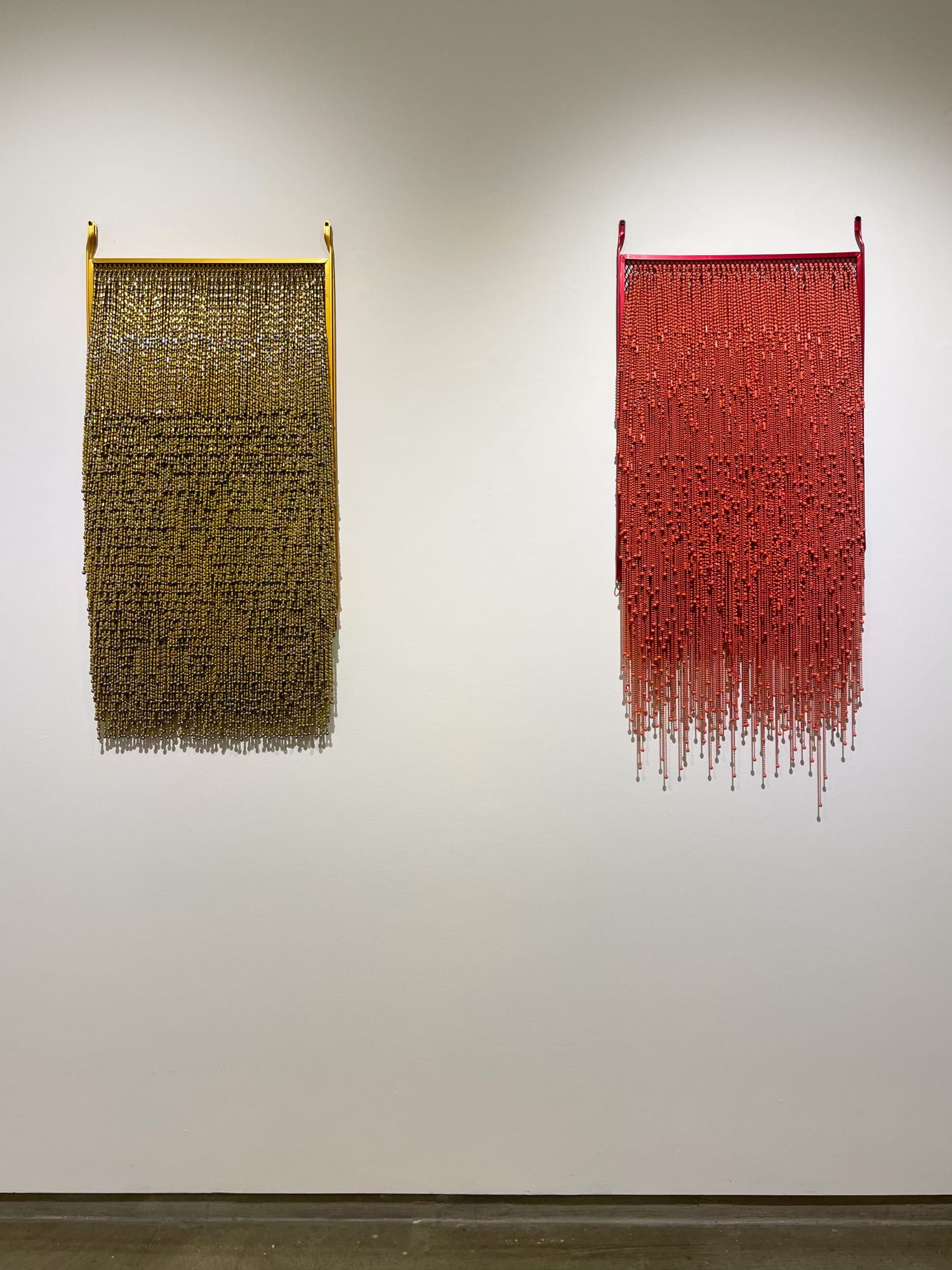 Alice Hope Left: Untitled, 2020 Ball chain, anodized door screen 20 x 43 in. (AHo 37) Right: Untitled, 2020 Ball chain, anodized door screen 20 x 45 in. (AHo 36)