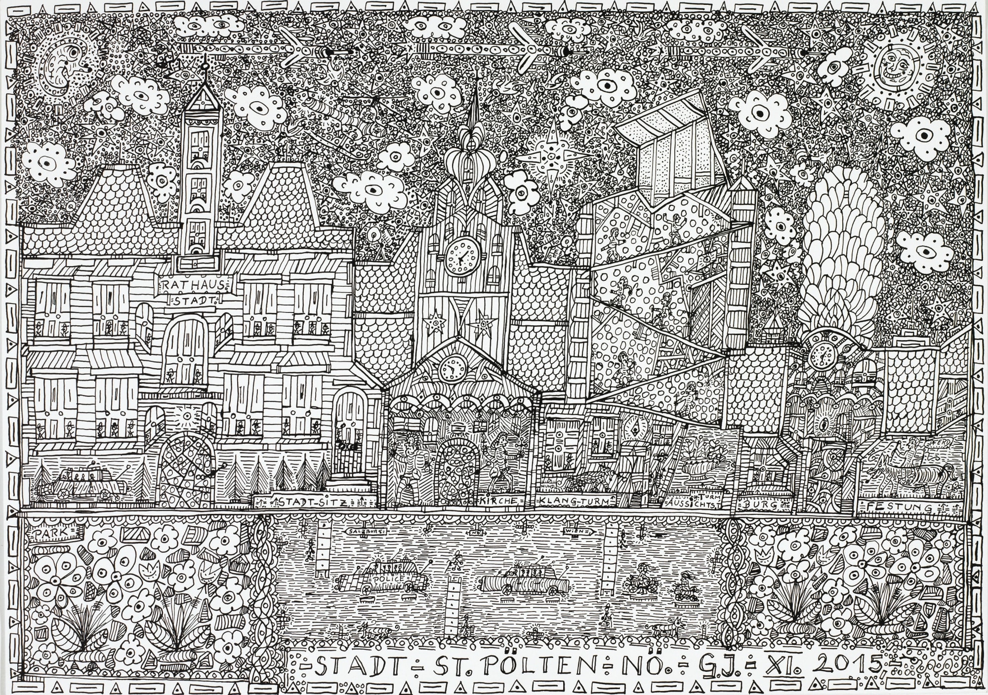 City-St. Pölten, 2015 India ink on paper 11 5/8 x 16 3/8 in. (29.6 x 41.7 cm.) (JGG 15) SOLD