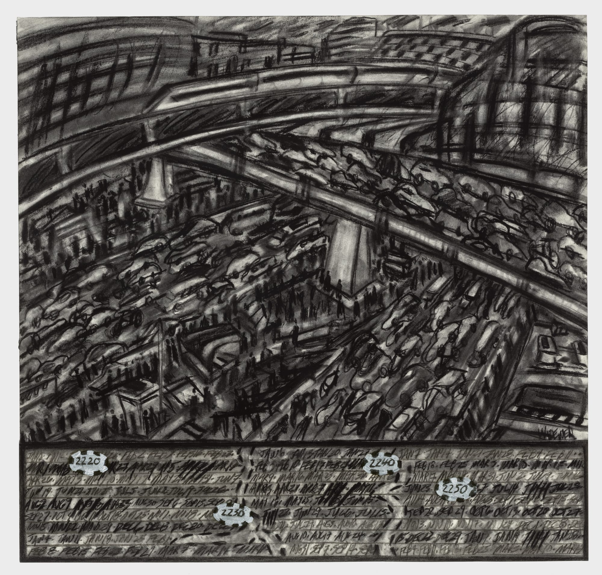 Dark, busy cityscape of two lanes and an overpass of bumper to bumper cars.