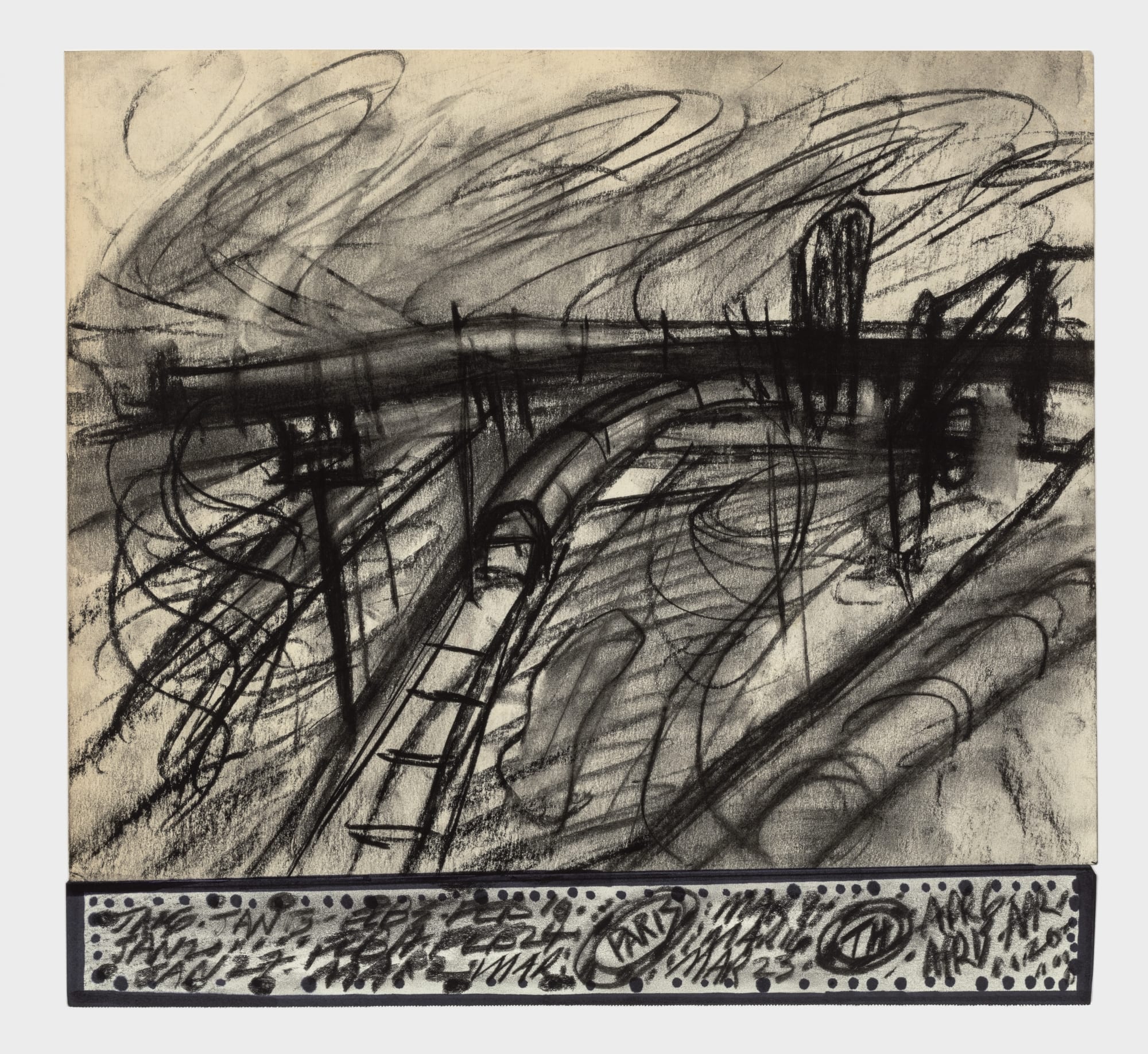 Black and white cityscape of train under an overpass with large clouds above.