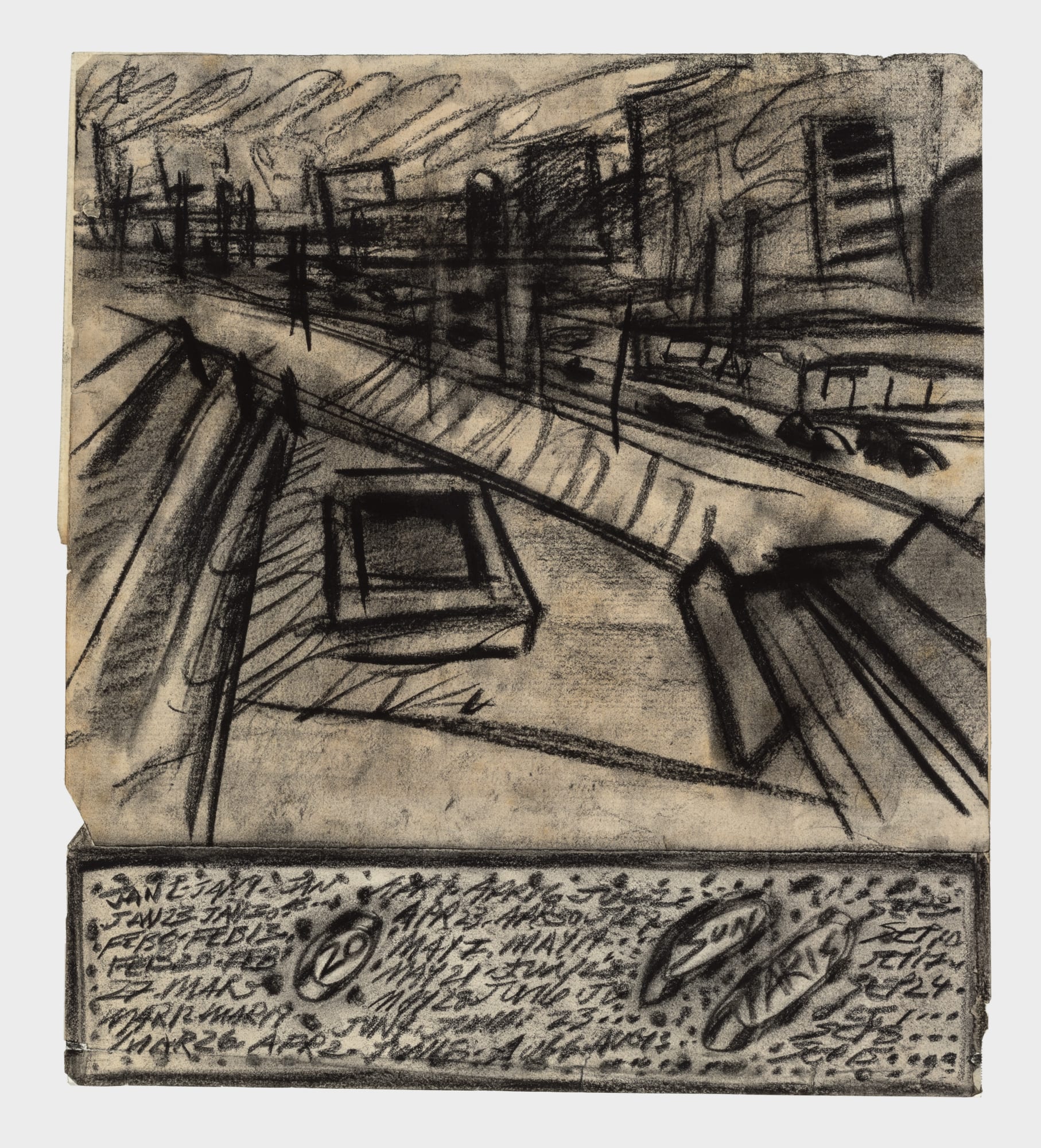 Black and white cityscape of rooftops and a street with cars.