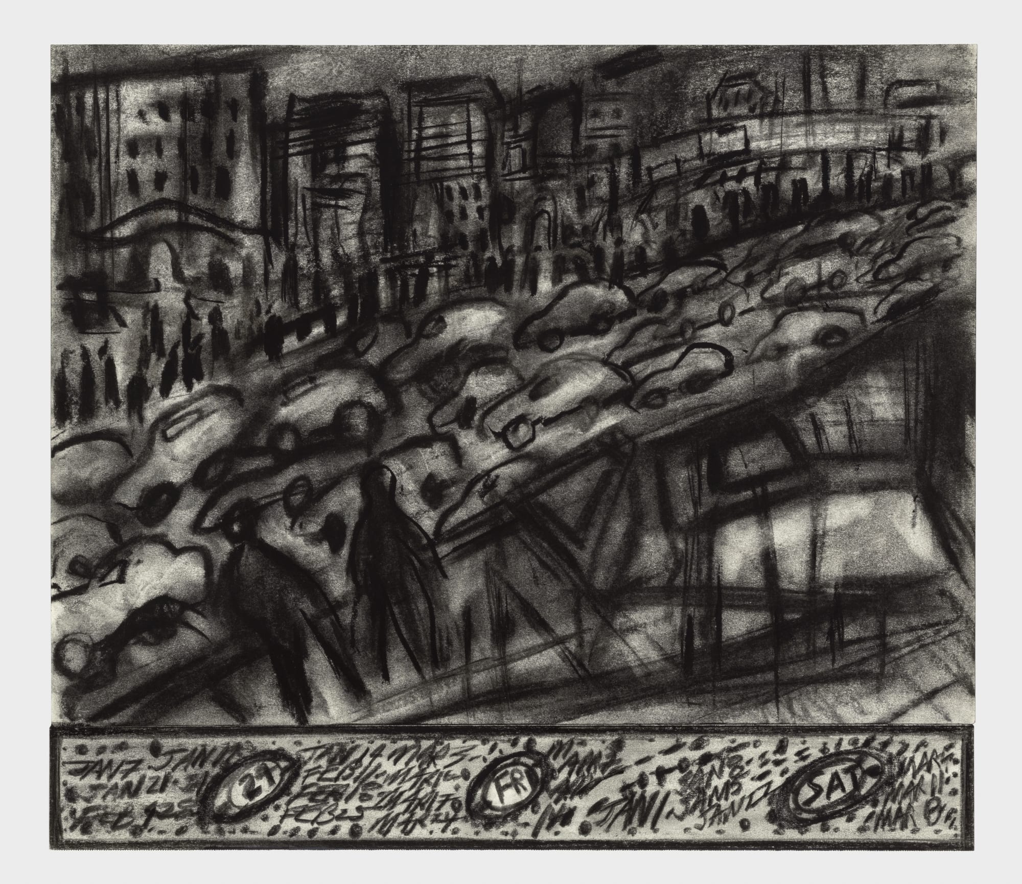 Black and white cityscape of bumper to bumper cards on a freeway with buildings in the background.