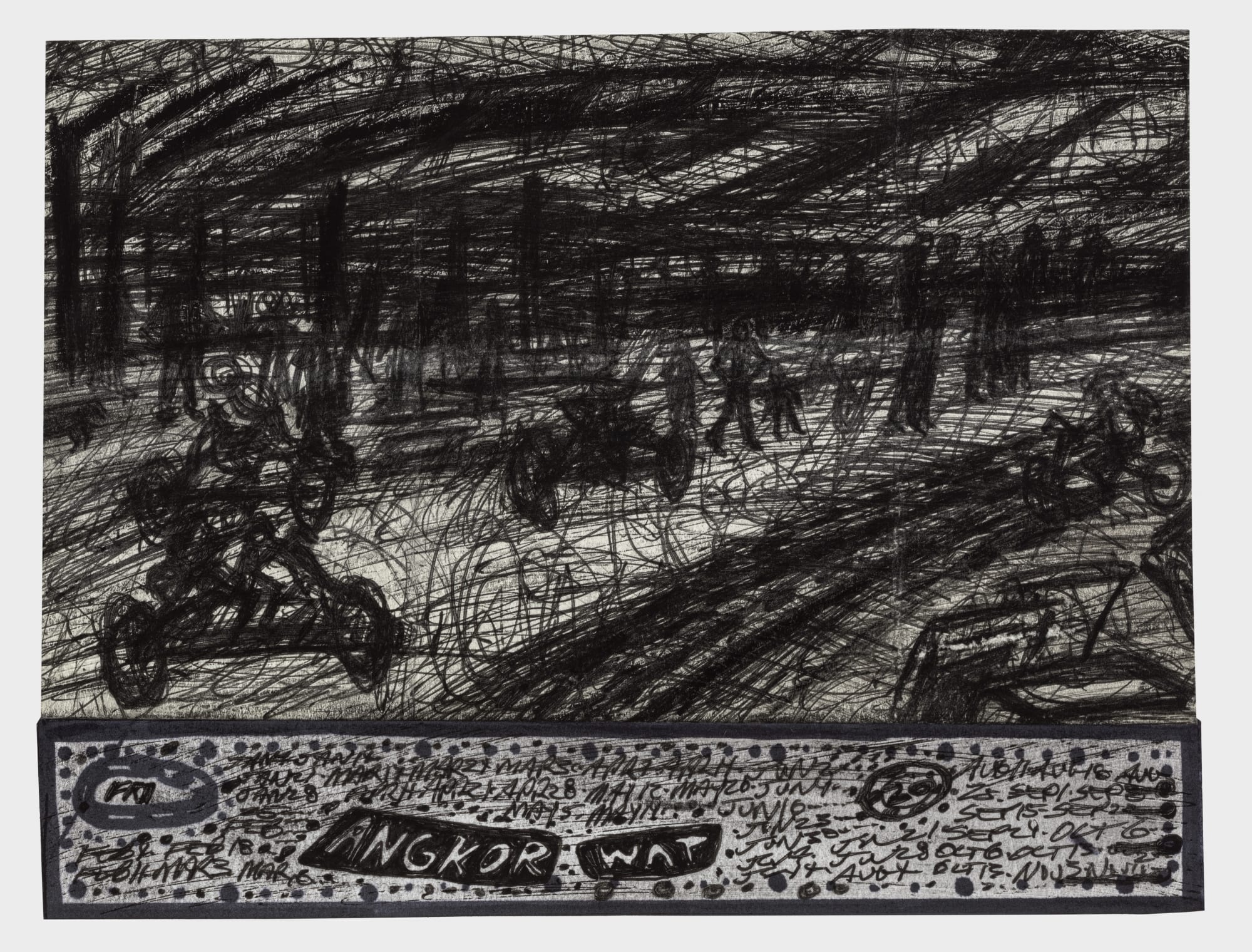 Black and white cityscape featuring sidewalk with pedestrians.