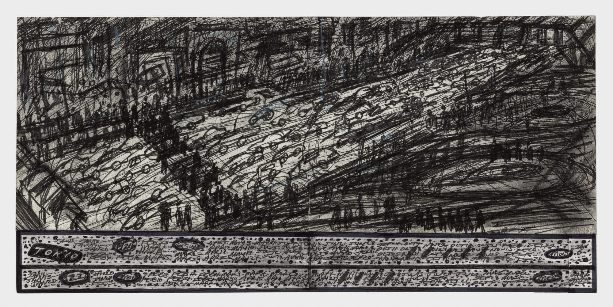 A black and white cityscape with a road packed with cars and lined with buildings.