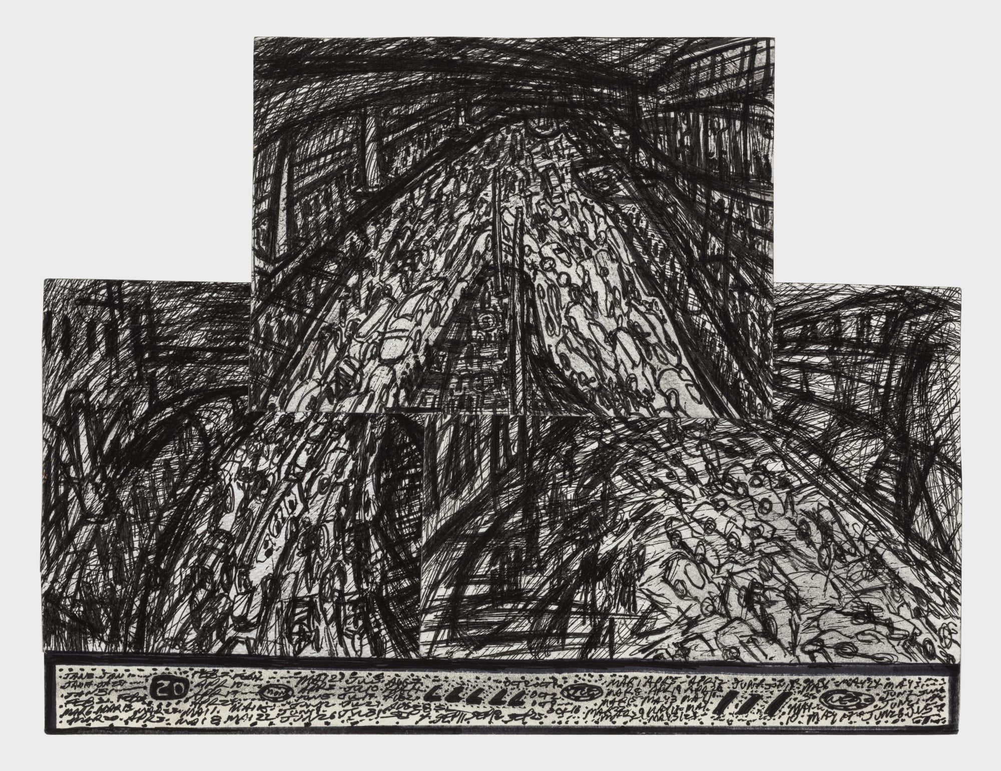 Dark cityscape with bumper to bumper cars on two lanes that merge into one.