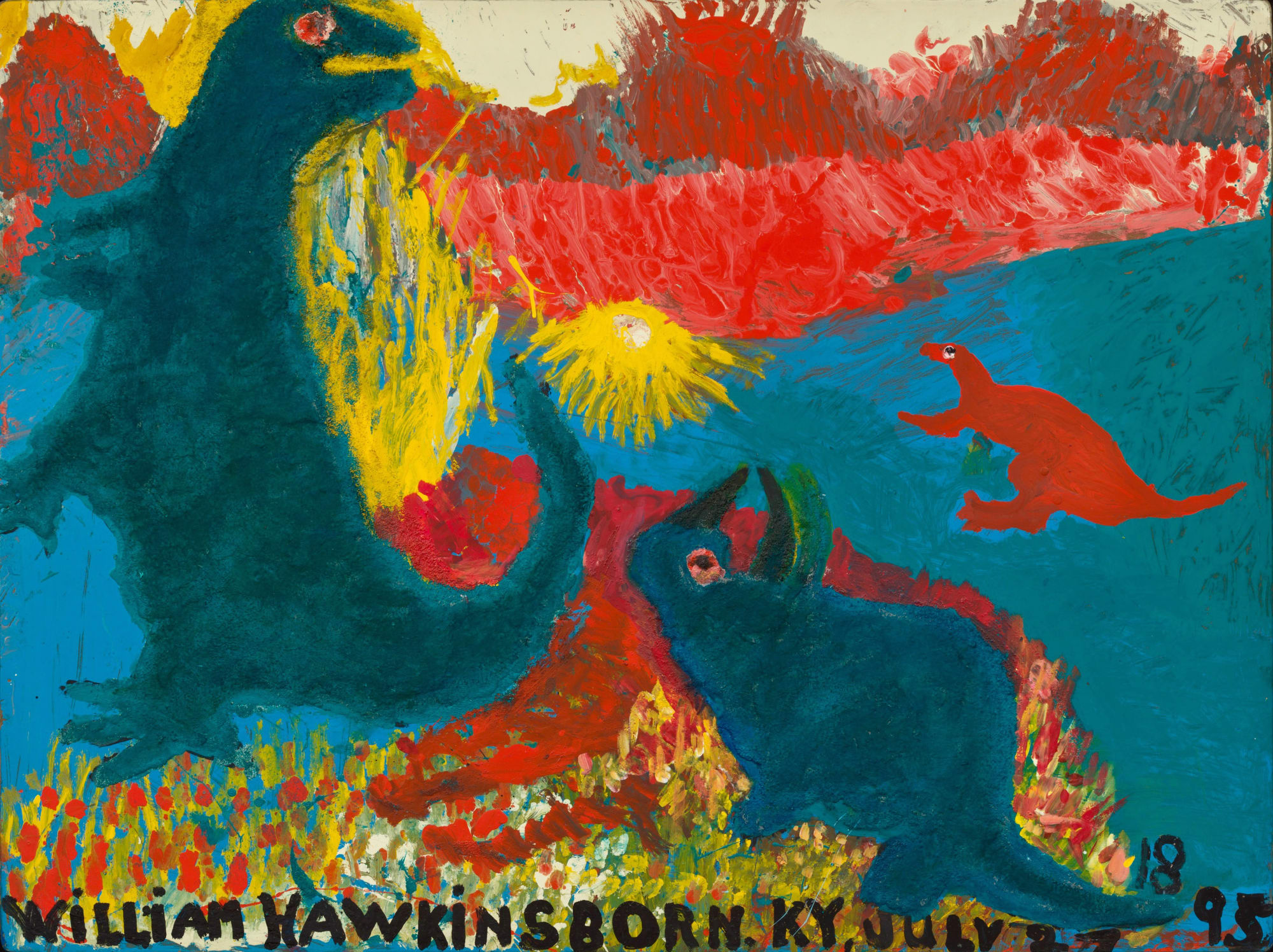 A large dinosaur and two smaller ones on a colorful background with a yellow comet in the middle.