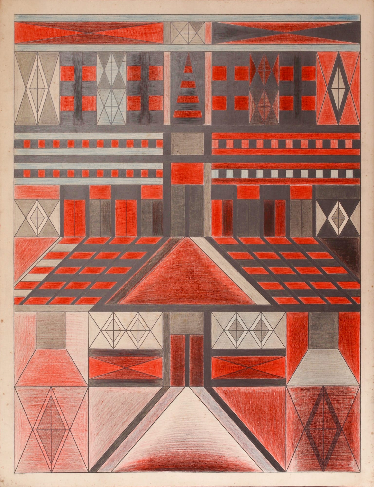 Geometric shapes in reds, blue and grey
