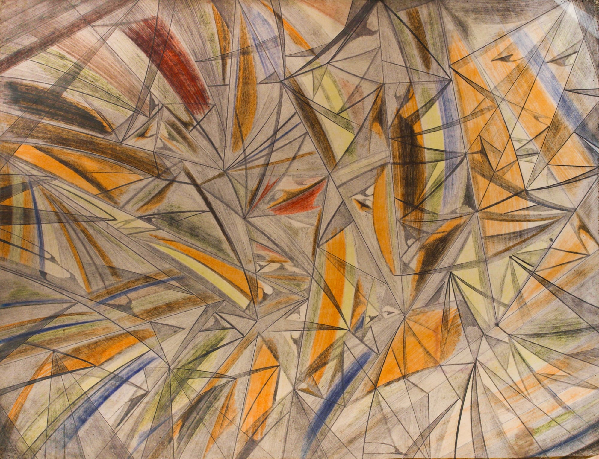 Abstract geometric drawing with predominant colors of beige and yellow with red and blue highlights