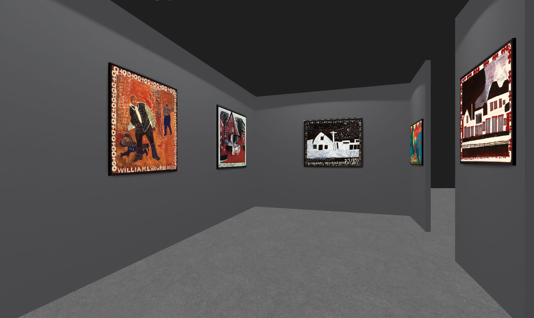 Paintings on a grey rendering of the ADAA Art Show booth walls.