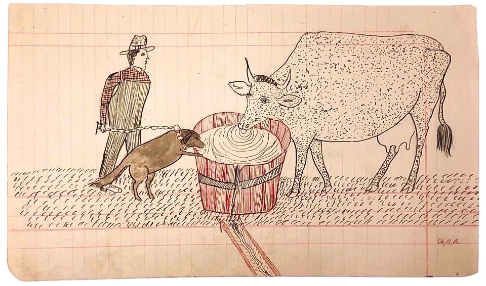 Wayne B. Blouch Untitled (Dog and Cow Drinking), ca. 1910 Ink and watercolor on ledger paper 11 3/4 x 6 13/16 in. (29.8 x 17.3 cm.) (WBB 11) MORE INFORMATION