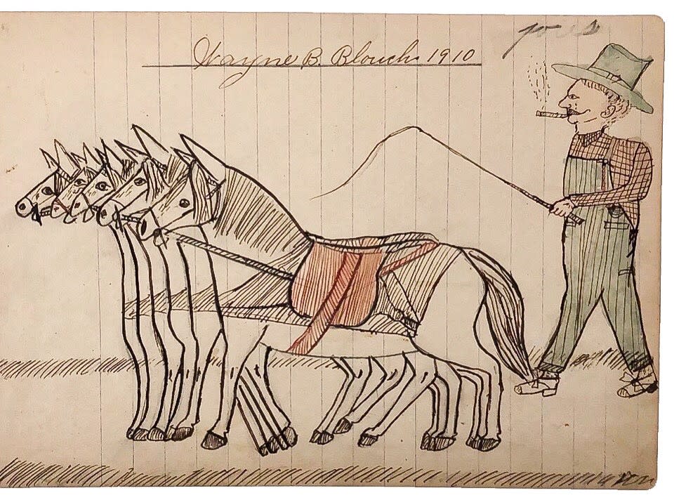 Wayne B. Blouch Untitled (Man with Five Horses), 1910 Graphite and watercolor on lined paper 7 7/8 x 4 7/8 in. (20 x 12.4 cm) (WBB 8) MORE INFORMATION