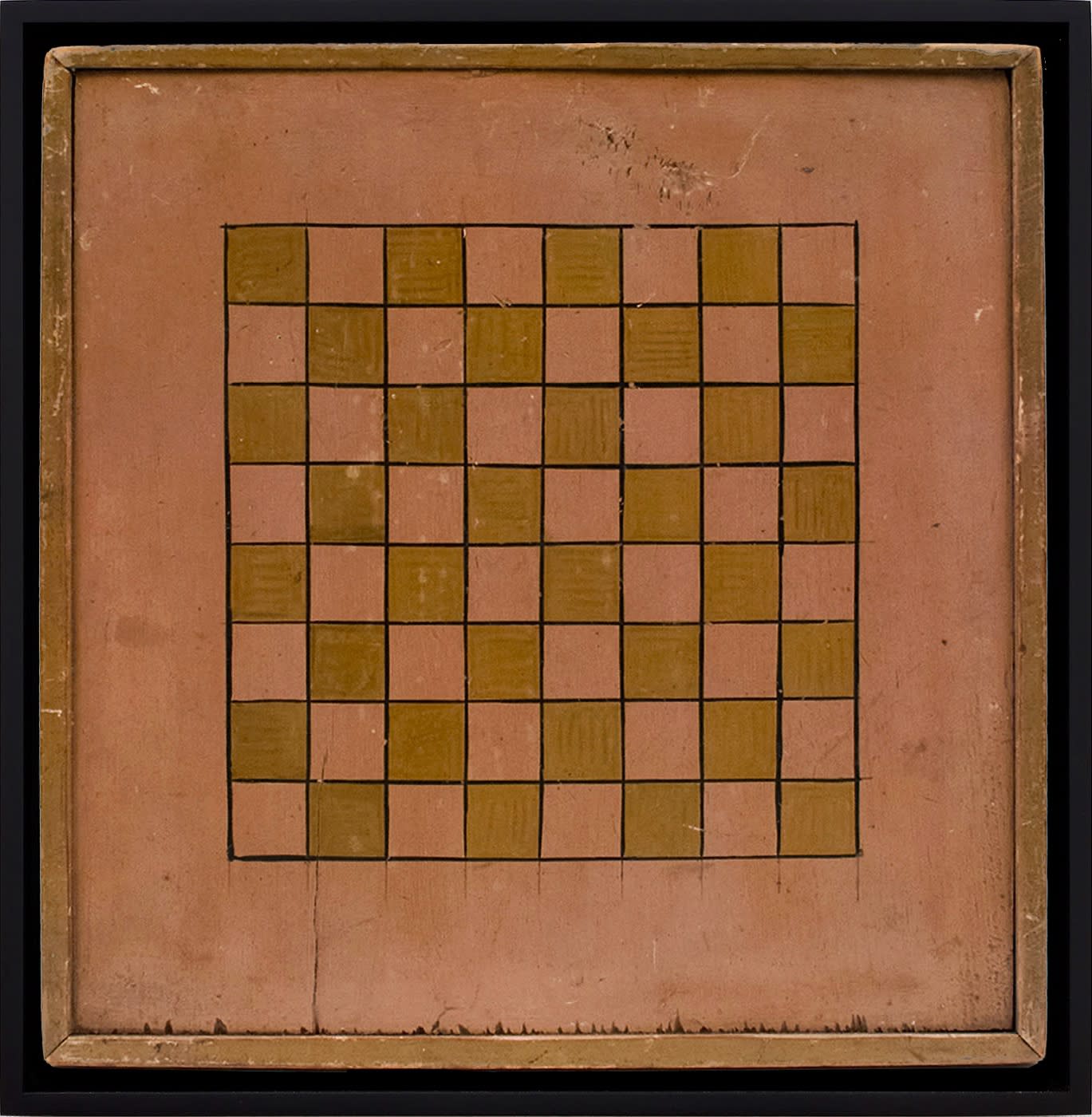 CHECKERS GAME BOARD, LATE 19TH CENTURY Oil based enamel on poplar wood 16 1/4 x 16 in. (AU 244)