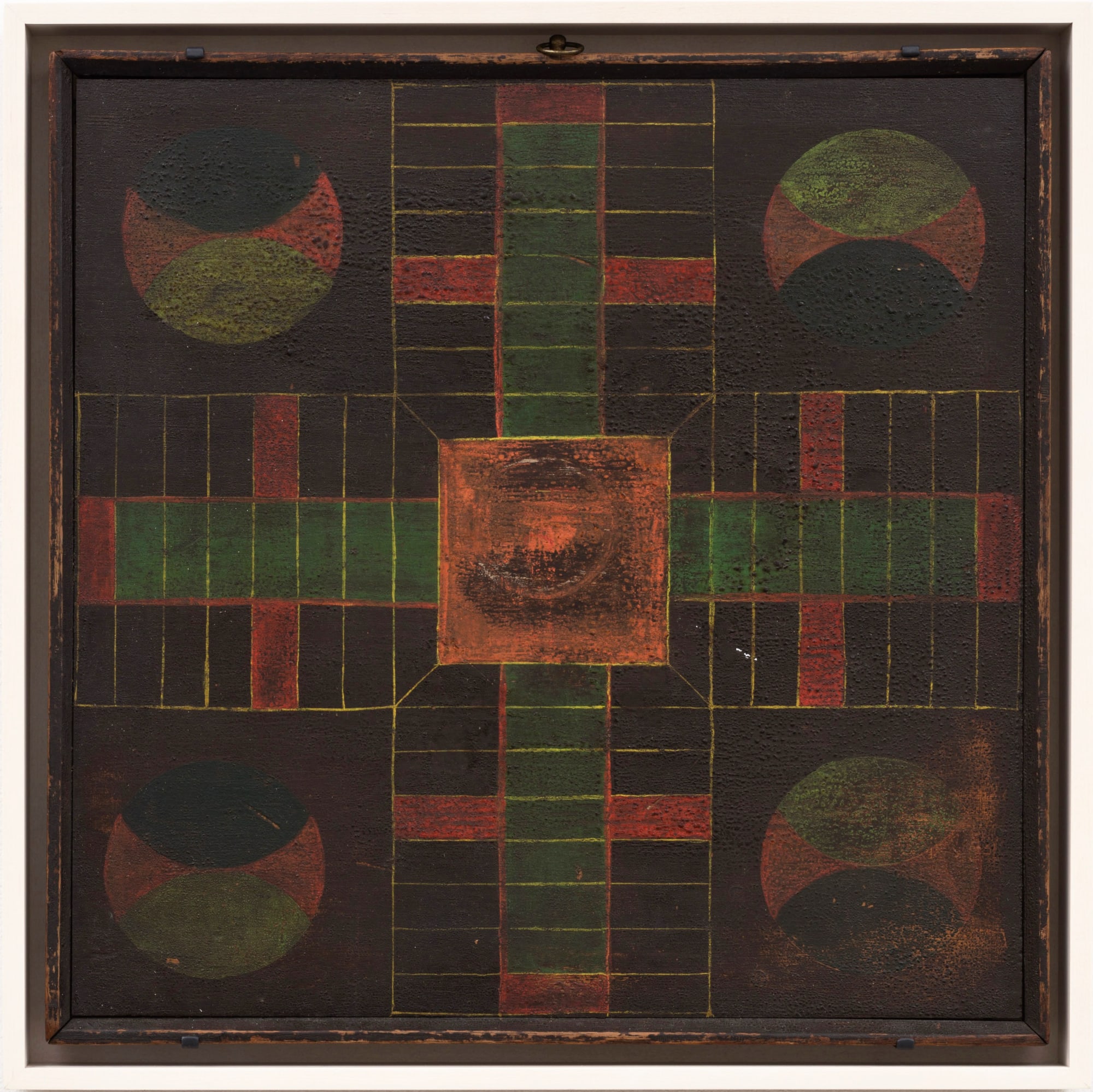 PARCHEESI GAME BOARD, EARLY 20TH CENTURY Wood with original polychrome 16 1/2 x 16 1/2 in. (AU 248)