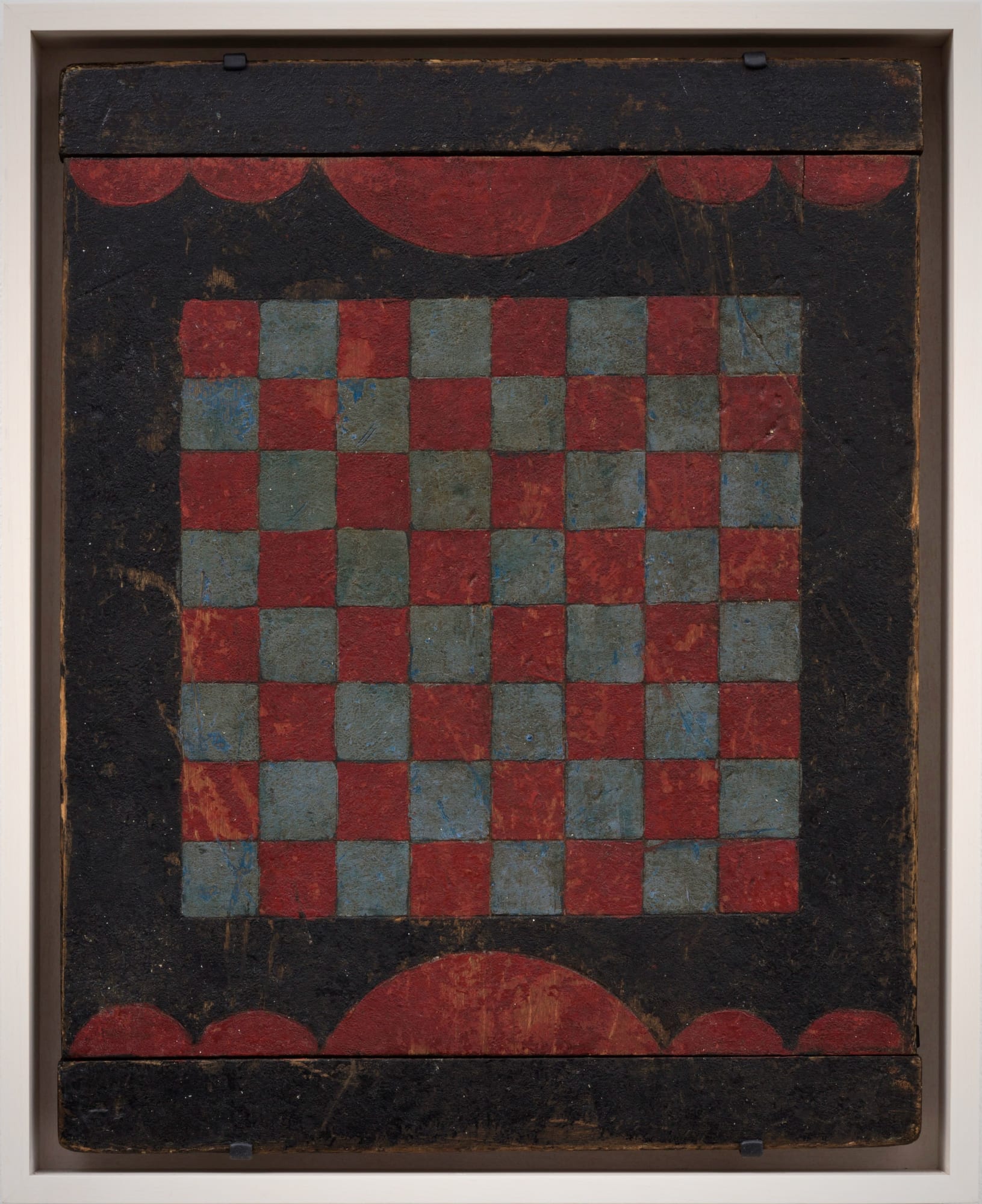 CHECKERS GAME BOARD WITH RED BORDERS, EARLY 20TH CENTURY Oil enamel paint on wood panel 11 x 14 in. 27.9 x 35.6 cm. AU 261