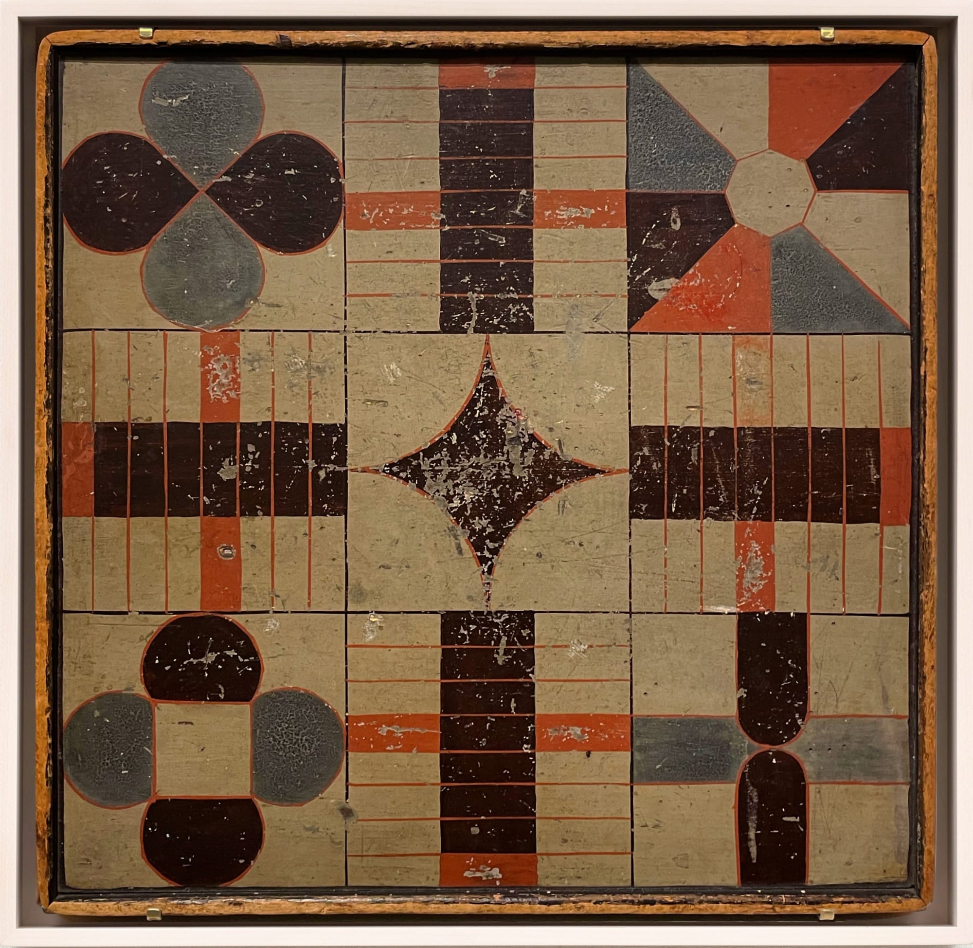 PARCHEESI GAME BOARD, C. 1880-1890 Paint on wood panel 18 x 18 1/2 in. 45.7 x 47 cm. (AU 293)