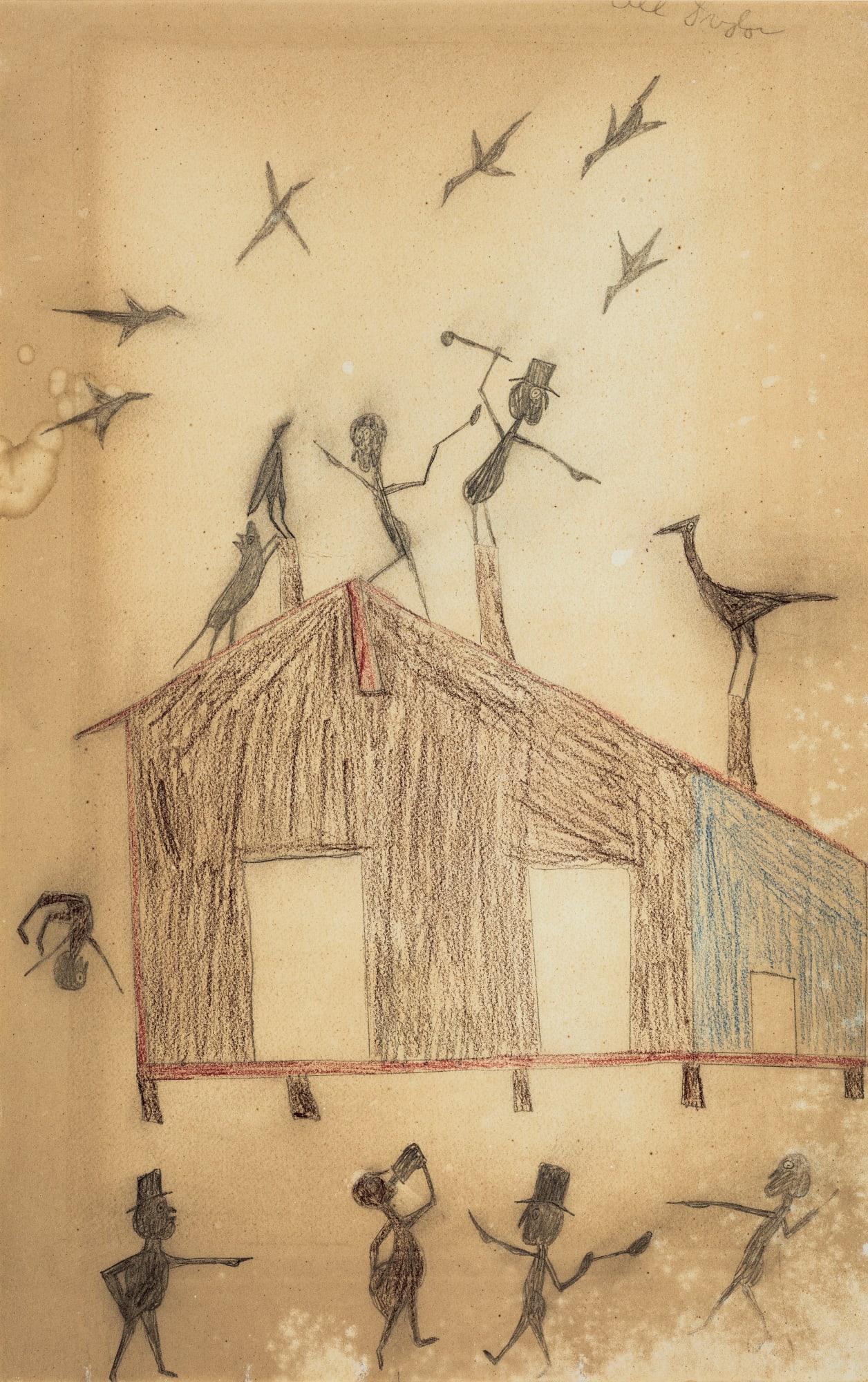 Untitled (Crazy House with Figures), ca. 1939-42 Graphite and colored pencil on found cardboard 24 1/4 x 15 1/2 in. (61.6 x 39.4 cm) (BT 54) SOLD