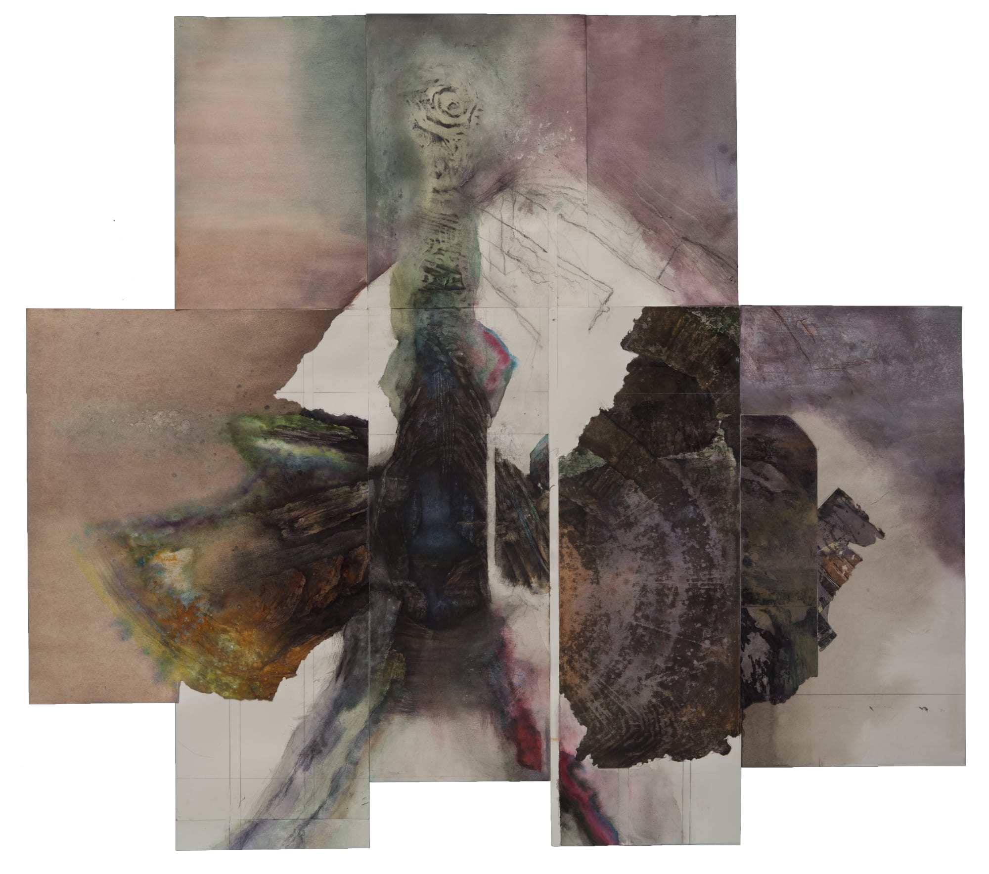 Liminatus Habrodais, 2002 - 2020 Watercolor, acrylic, oil, graphite, Cont&eacute; crayon, charcoal, and woodcut on pieced paper. 34 x 38 in. (TM 27)