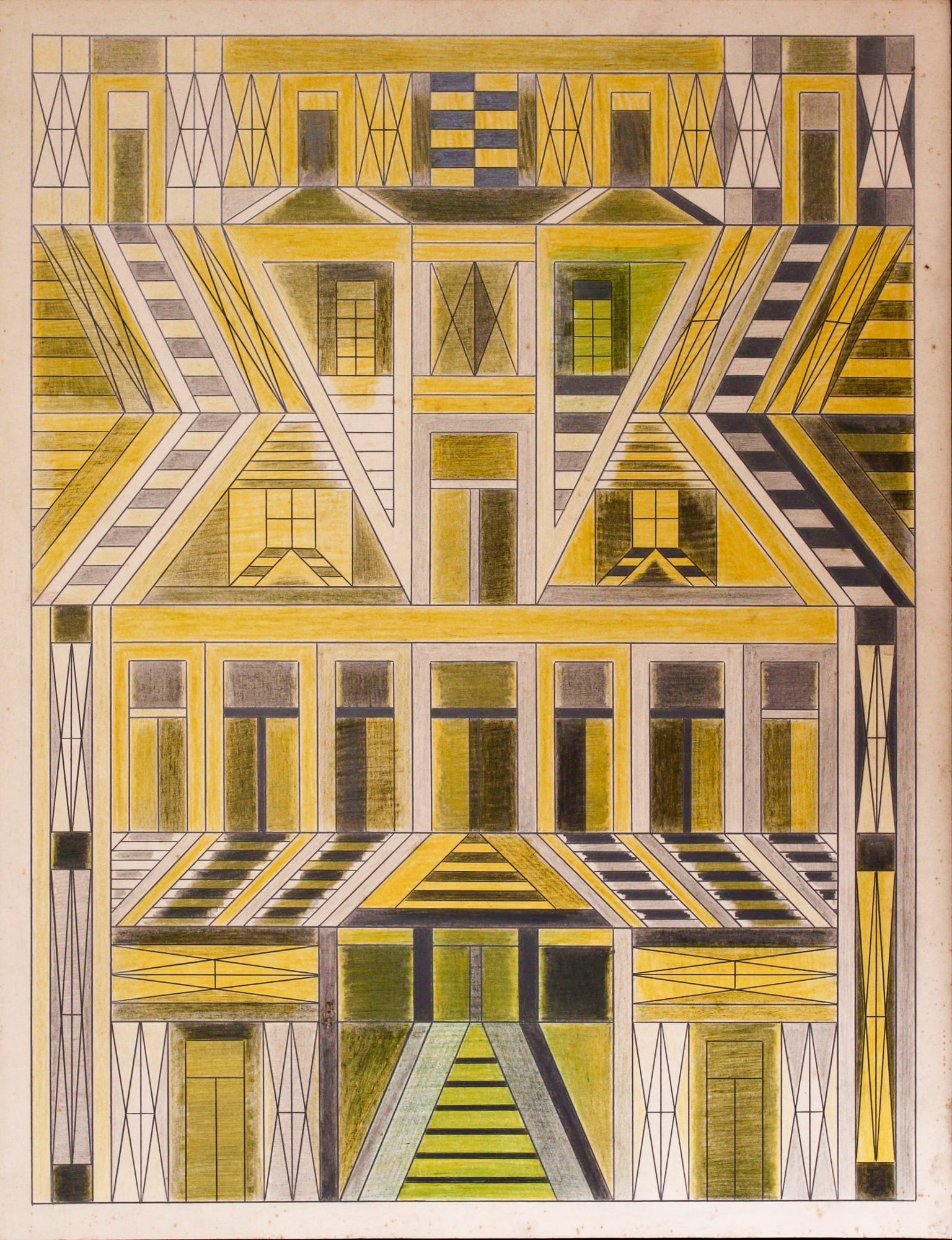 Geometric shapes resembling an architectural landscape in predominately yellow and brown.