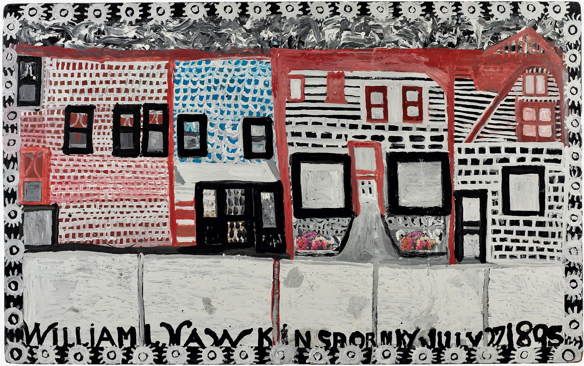 The front of a row of buildings with a sidewalk. Colors are black, white, red and blue with a black and white border.