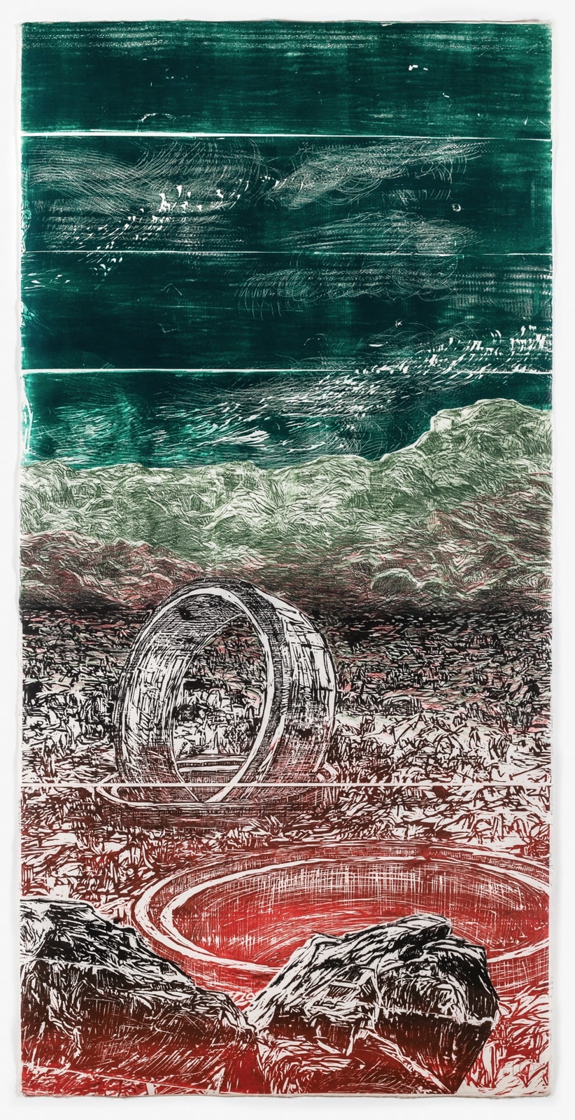 Orit Hofshi Cistern, 2022 Hand Printed Woodcut, Rubbing and Color Pencil Drawing on Handmade Kozo & Abaca Paper 81 1/8" x 40 1/4" (206 x 102 cm) High-Resolution Image