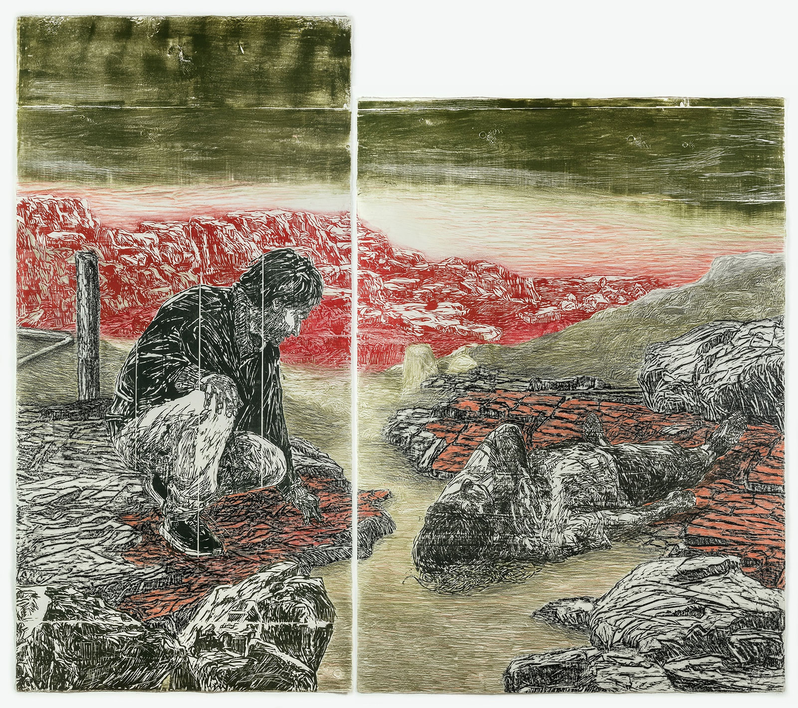 Orit Hofshi Encounter, 2023 Hand Printed Woodcut, Rubbing and Color Pencil Drawing on Handmade Kozo & Abaca Paper 81" x 92 1/8" (205.5 x 234 cm) High-Resolution Image