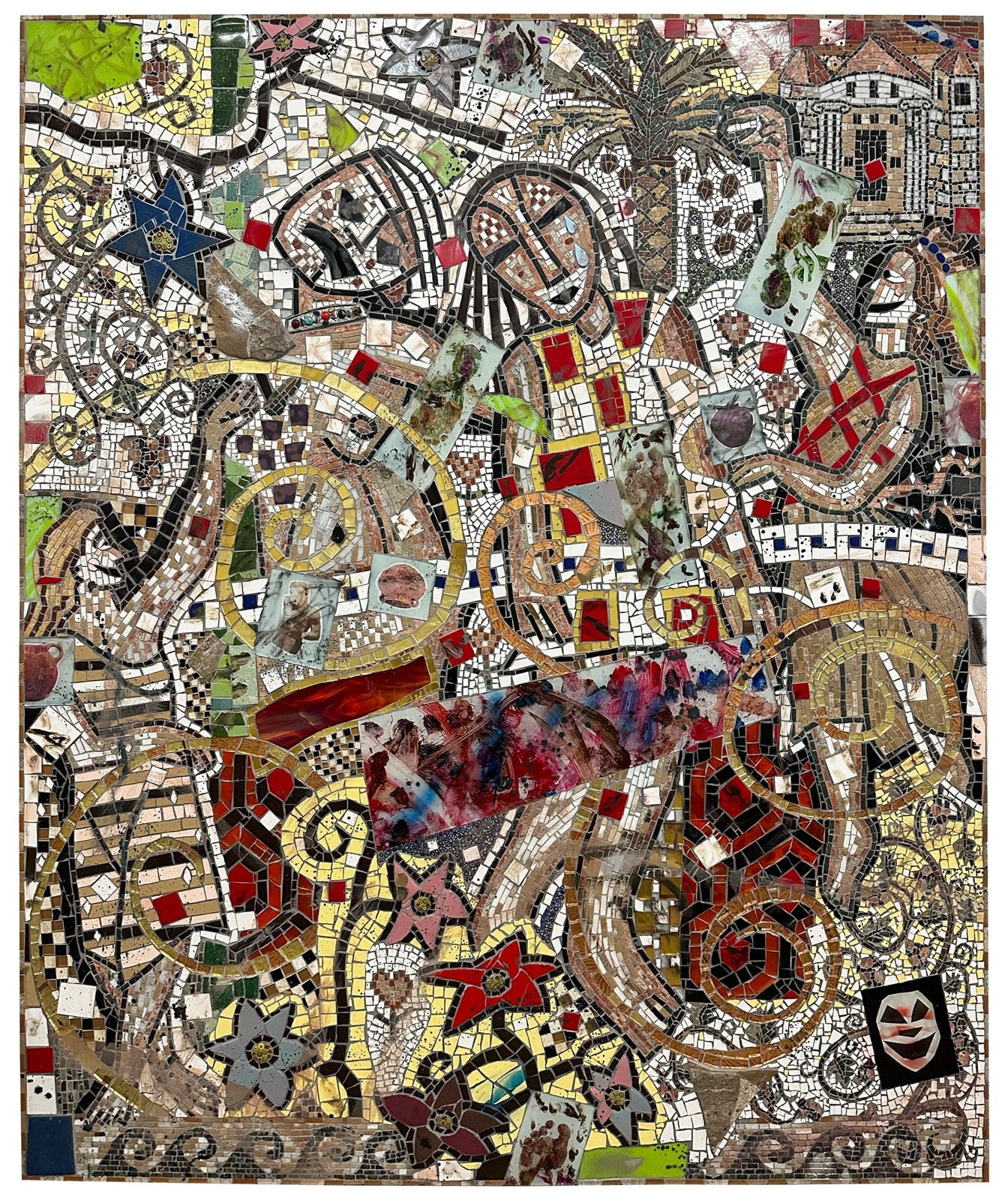 Cameron Welch People of the Labyrinth, 2024 Marble, Glass, Ceramic, Stone, Spray Enamel, Oil, and Acrylic on Panel 96" x 80" (244 x 203 cm) High-Resolution Image