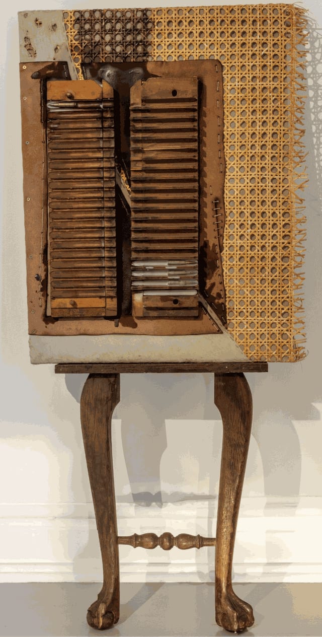 Justin Emmanuel Dumas Animus (Temple/Tempered), 2021 Wicker, Linen, Cigar Drying Rack, Furniture Remnant, Wood, Encaustic Medium, Stitched Hemp Twine, Empty Bullets © Justin Emmanuel Dumas. Courtesy of the artist and Yossi Milo, New York. High-Resolution Image