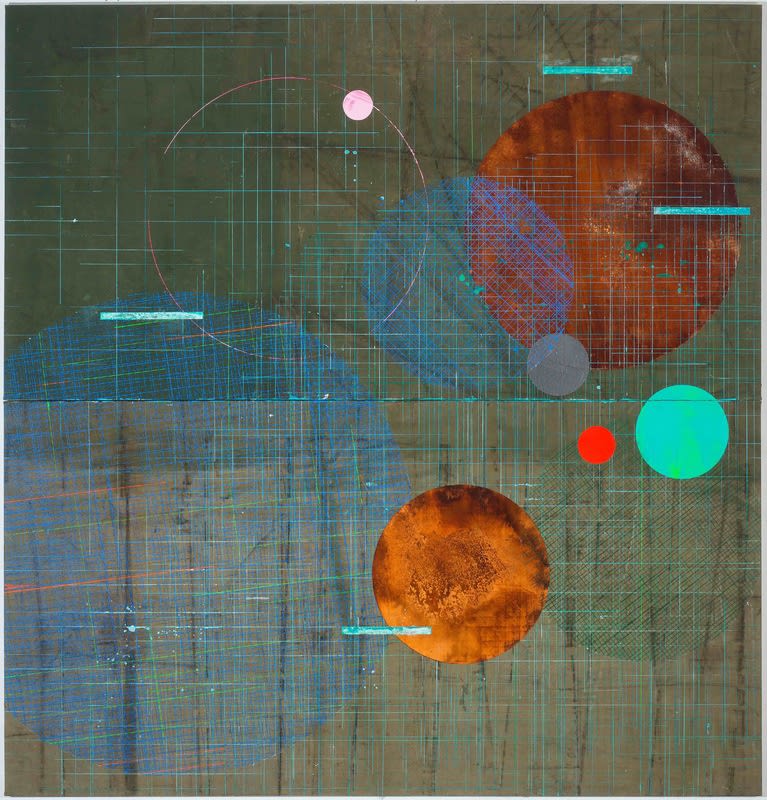 Sem título, 2019. Acrílica, oxidação de emulsões cúprica e ferrosa sobre lona usada de caminhão 260 x 270 cm