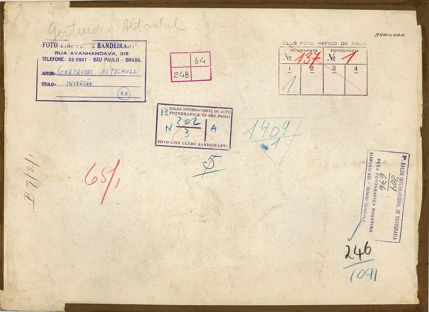 Gertrudes Altschul, verso de "Inversão" Gertrudes Altschul, backside of "Inversão"