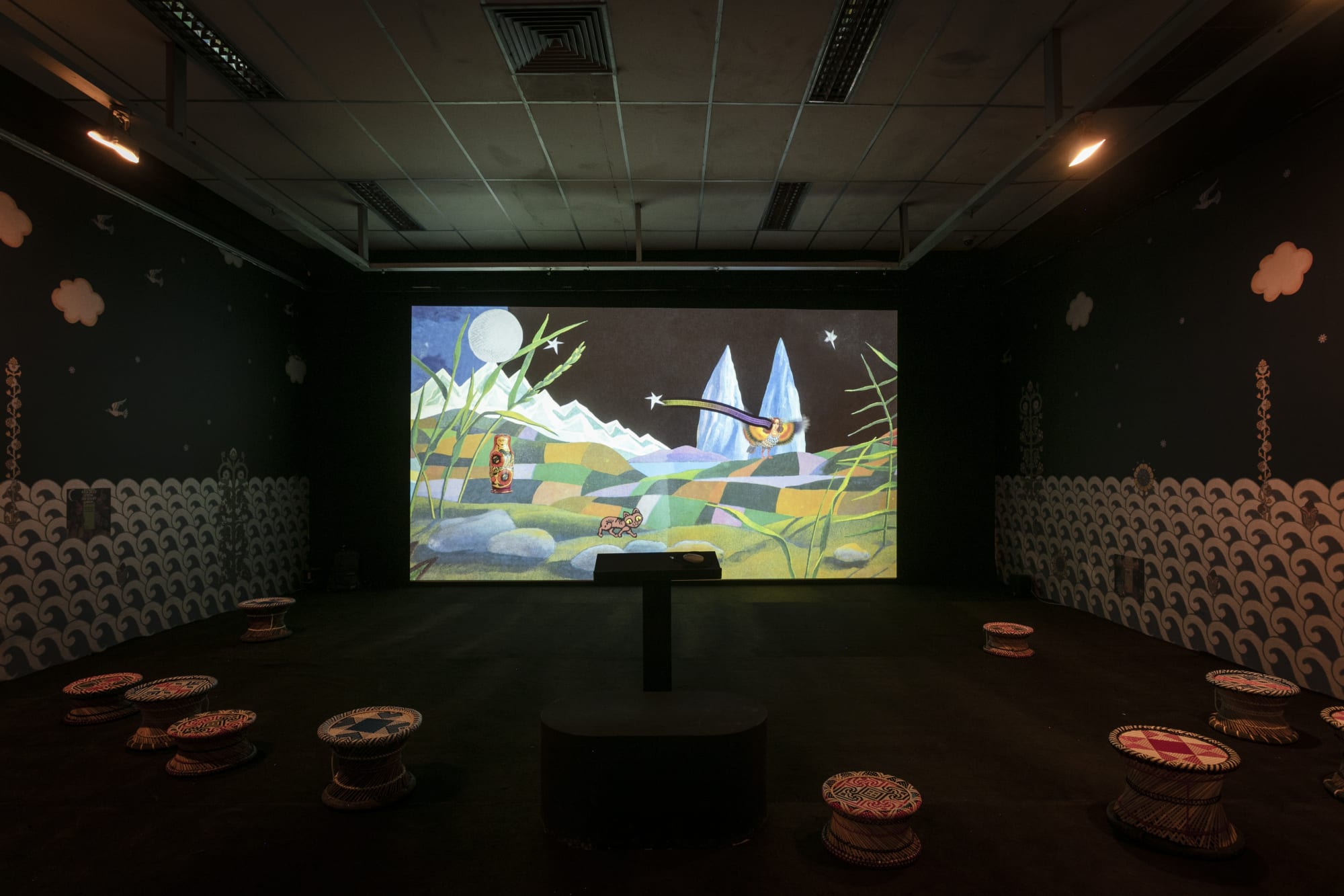 Afrah Shafiq, Nobody Knows for Certain. Install view from Dhaka Art Summit, developed with the support of Garage Field Research at Dhaka Art Summit 2023. Photo Farhad Rahman