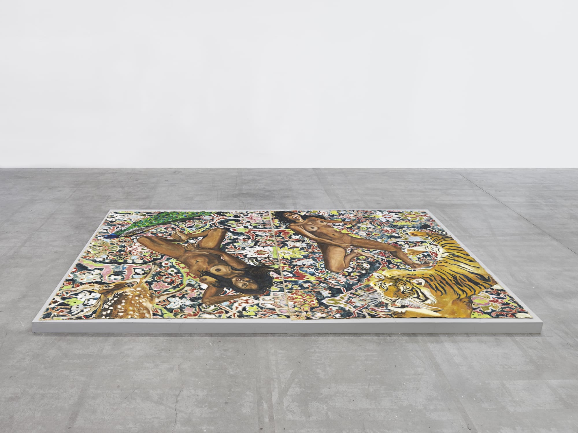 Bhasha Chakrabarti | Brown Jouissance on a Carpet from Sultanabad in the Yale Center for British Arts, 2021. Courtesy the artist and Jeffrey Deitch Gallery.