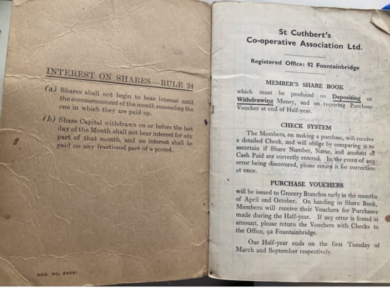 St Cuthbert’s Co-operative Society Dividend Book. Photo by Kitty Johnstone.