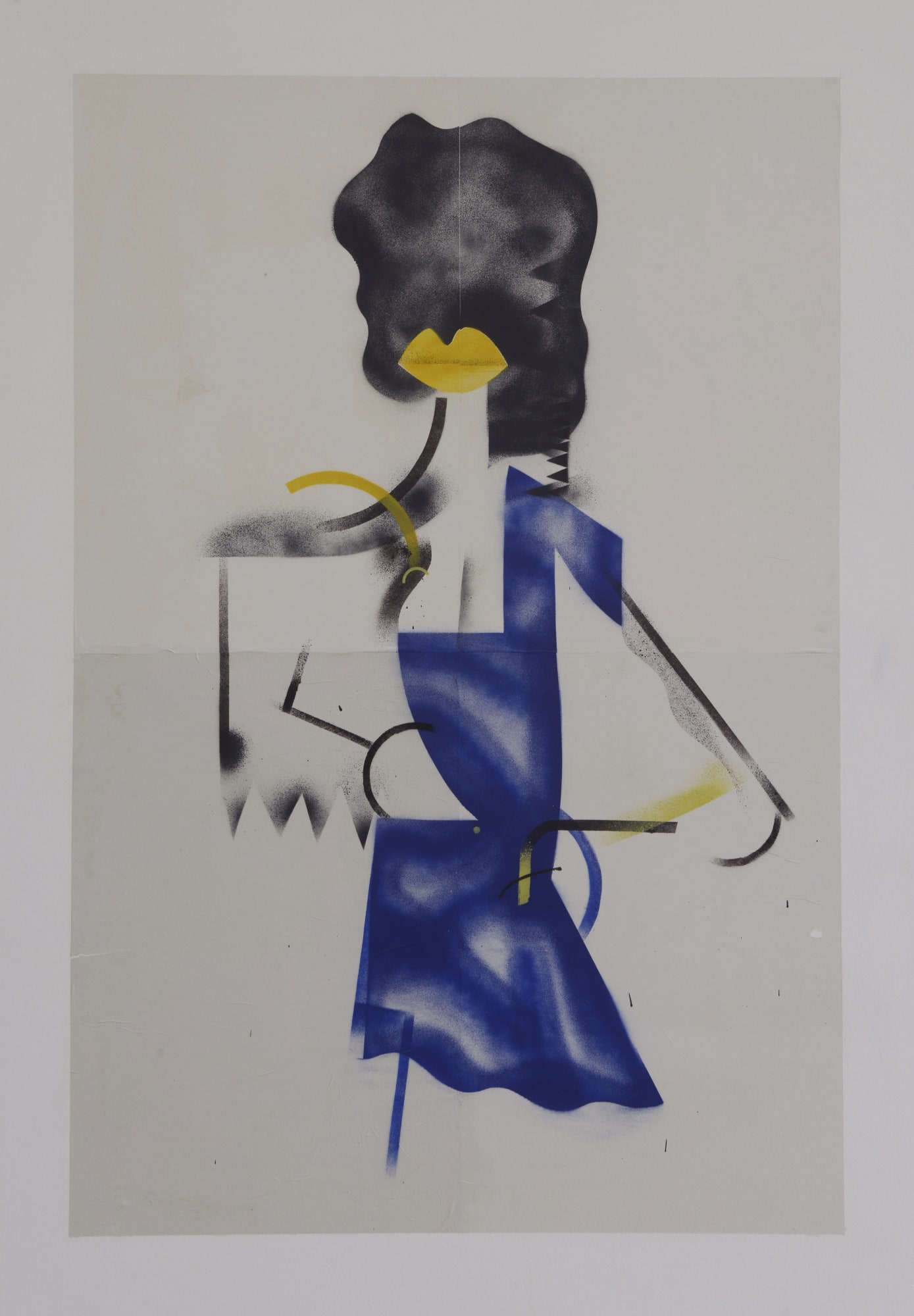 Big Yellow Lips Newsprint, 2023, Spraypaint on Newsprint Pasted to Wall