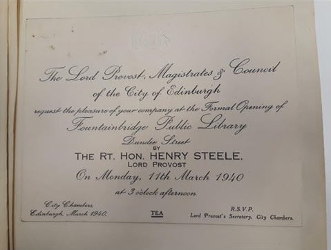 Invitation to the opening of Fountainbridge Public Library, 3pm, Monday 11 March 1940.