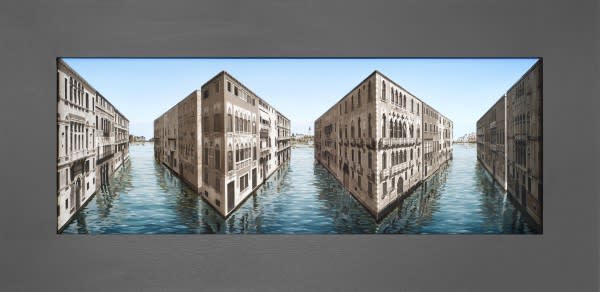 Patrick Hughes reverspective of buildings in water.