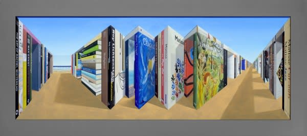 Patrick Hughes reverspective books on a beach.