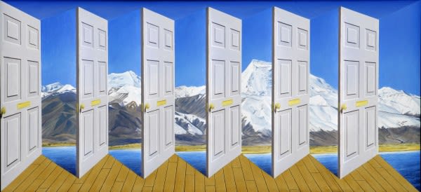 Patrick Hughes reverspective of doors opening to a mountain view.