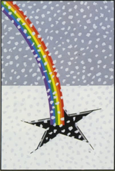 Patrick Hughes artwork of a rainbow going into a star shaped hole in ice.