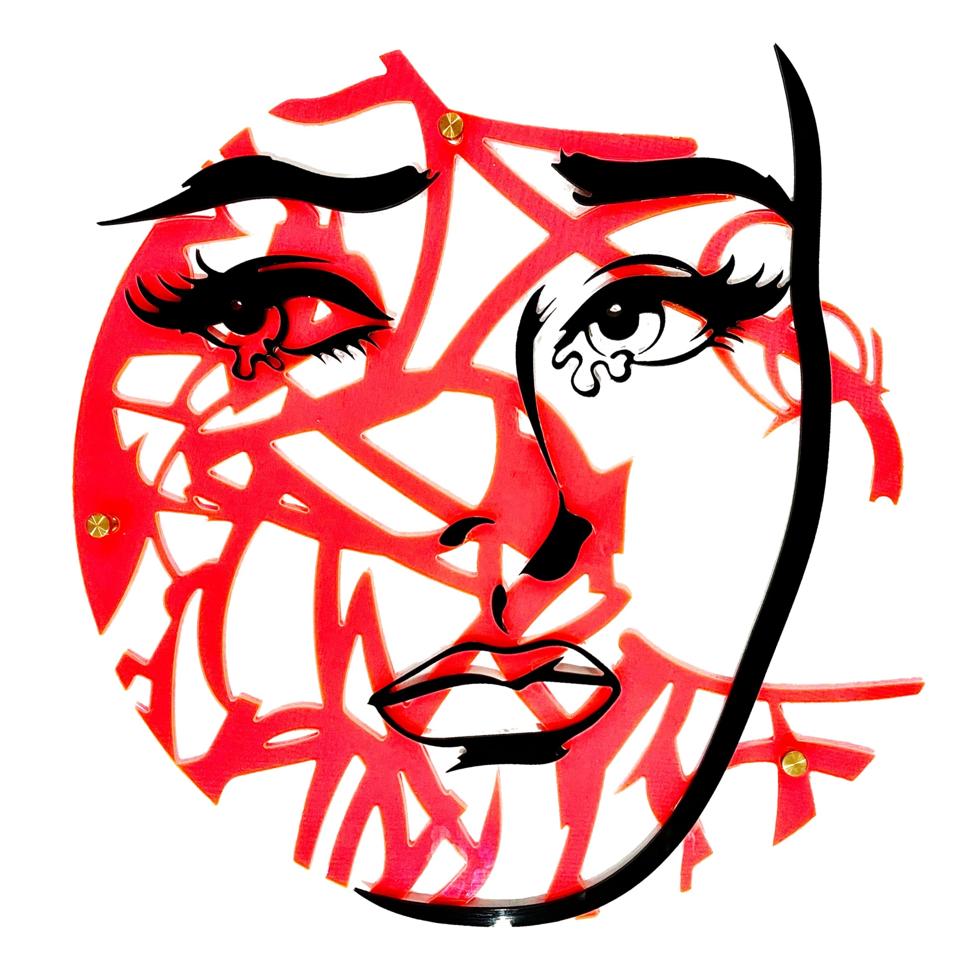 Timmy Sneaks pop art of pink line work underneath an woman's face.