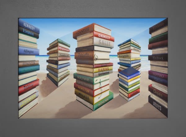 Patrick Hughes artwork of stacks of books.