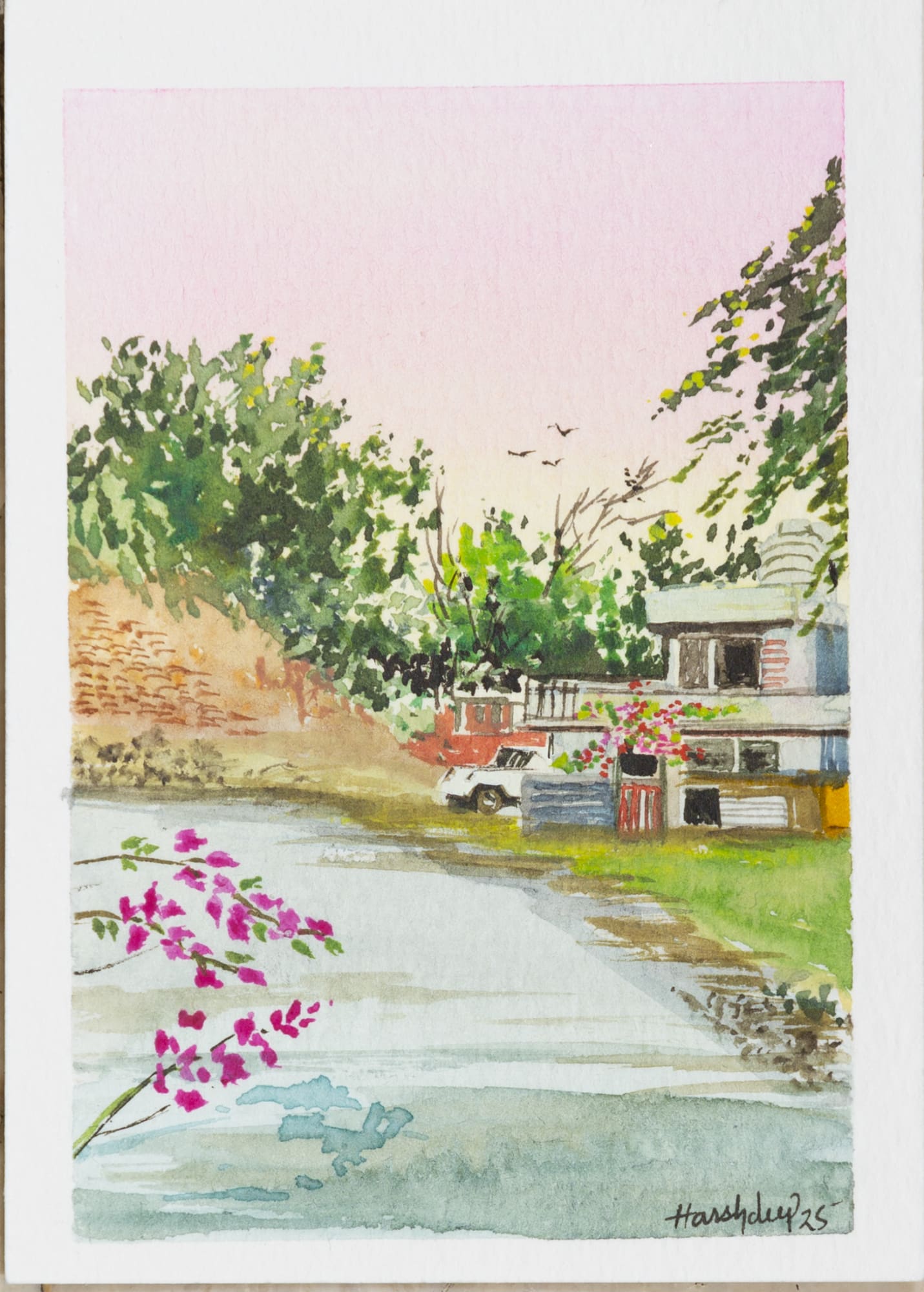Harshdeep Kaur Bougainvillea Dreams Watercolour on paper 3.5 x 2.5 inches 2025