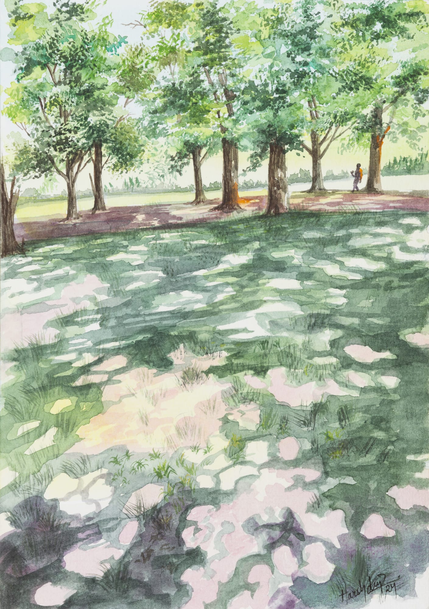 Harshdeep Kaur Sun-Dappled Grove Watercolour on paper 8.5 x 6 inches 2024