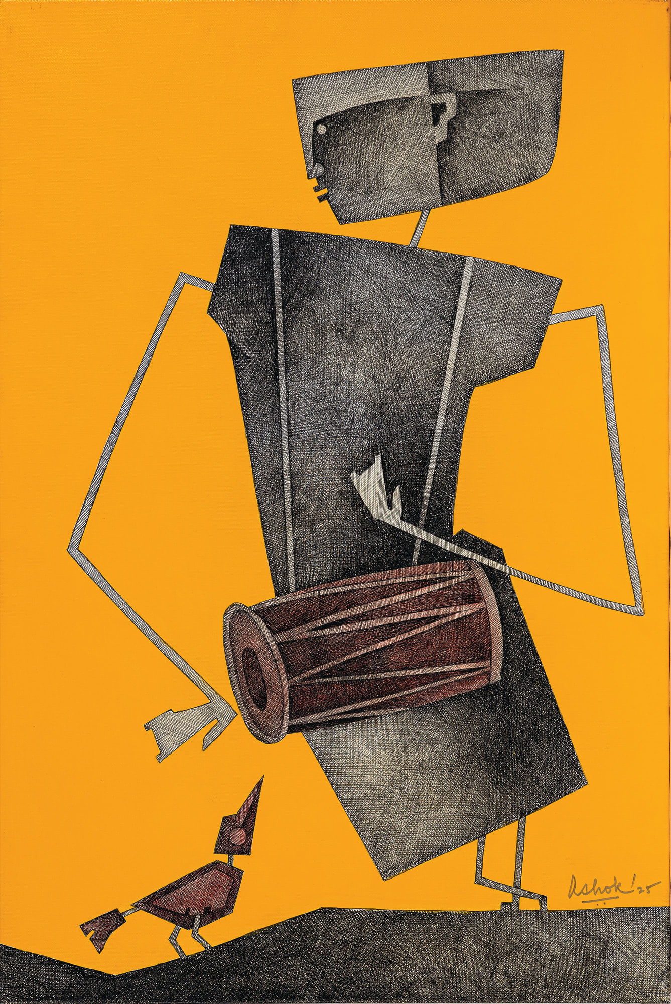 Ashok Bhowick Untitled Acrylic, pen and ink crosshatch on canvas 36 x 24 inches 2025