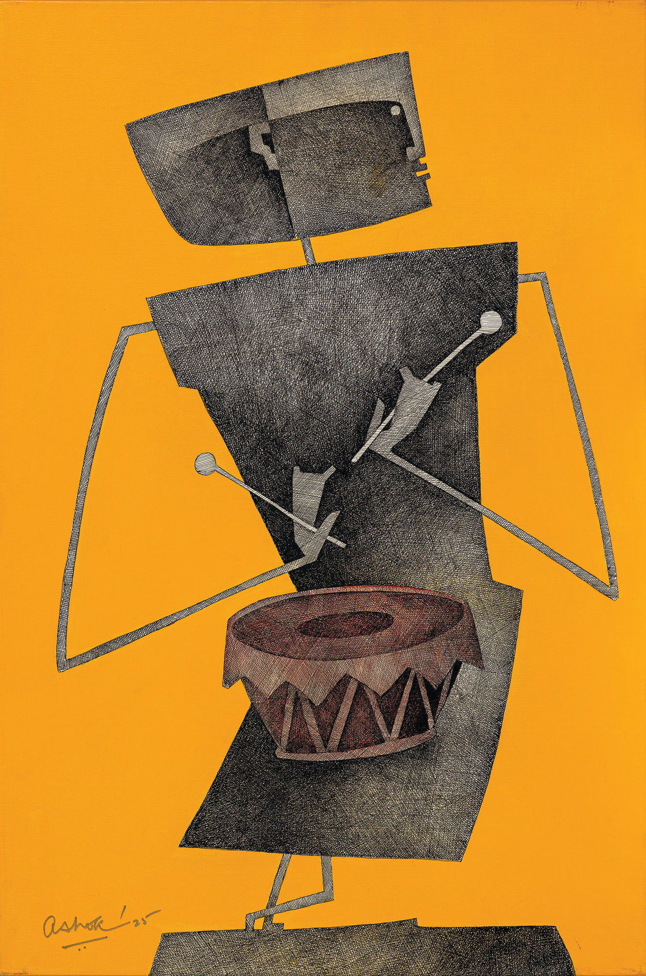 Ashok Bhowmick Untitled Acrylic, pen and ink crosshatch on canvas 36 x 24 inches 2025