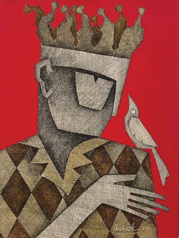 Ashok Bhowmick Untitled Acrylic, pen and ink crosshatch on canvas 24 x 18 inches 2024