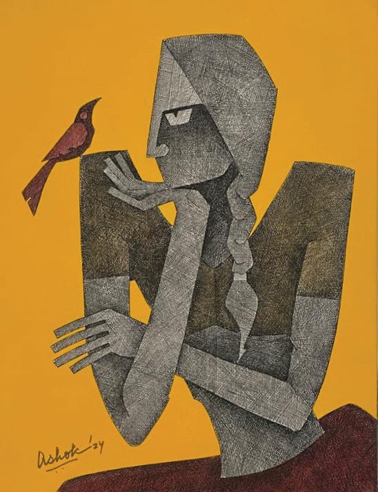 Ashok Bhowmick Untitled Acrylic, pen and ink crosshatch on canvas 24 x 18 inches 2024