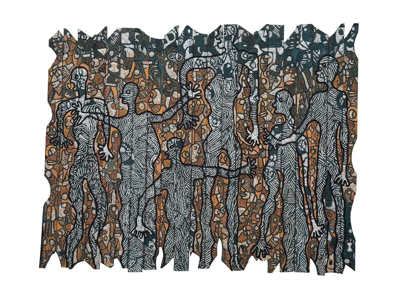 Gerald Chukwuma, Egwu Onwa (Moonlight Dance), 2017, Wood, Acrylic paint and upcycled metal, 84 X 106 inches