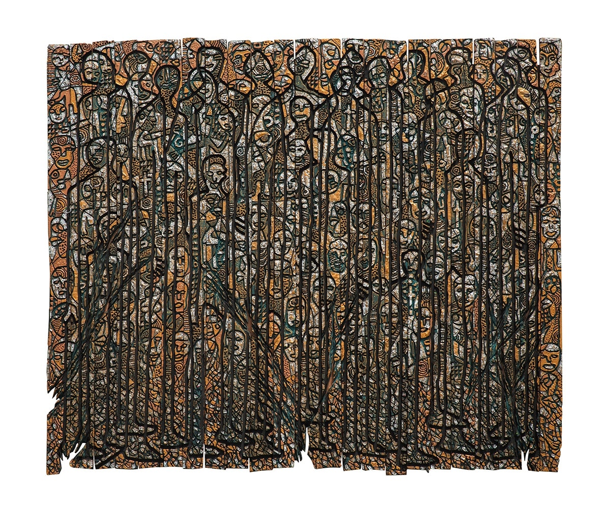 Gerald Chukwuma, Standing Ovation, 2017, Wood, Acrylic paint and upcycled metal, 96 x 115 inches